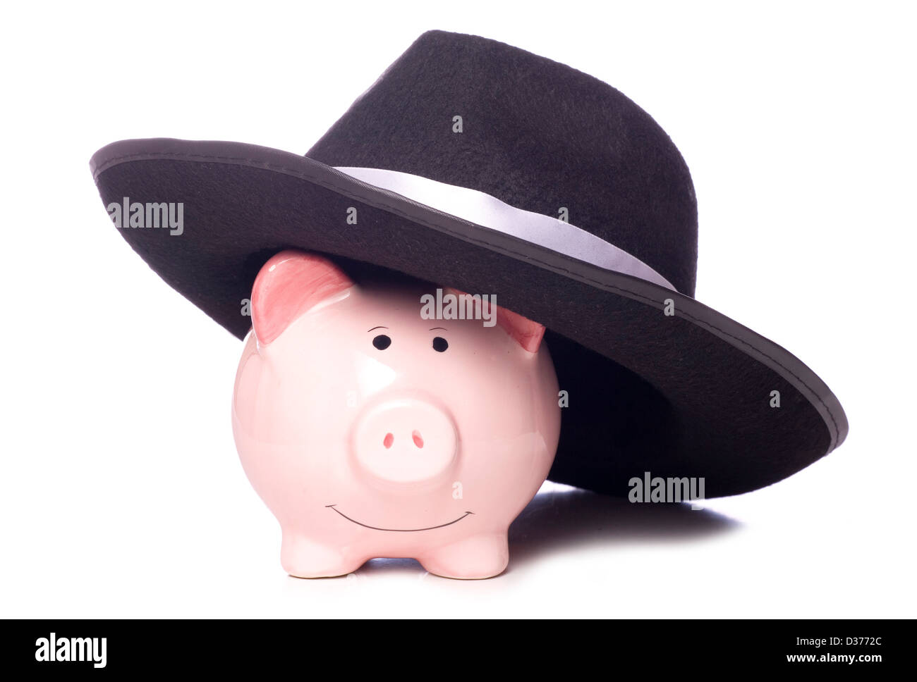 Piggy bank with mafia hat studio cutout Stock Photo