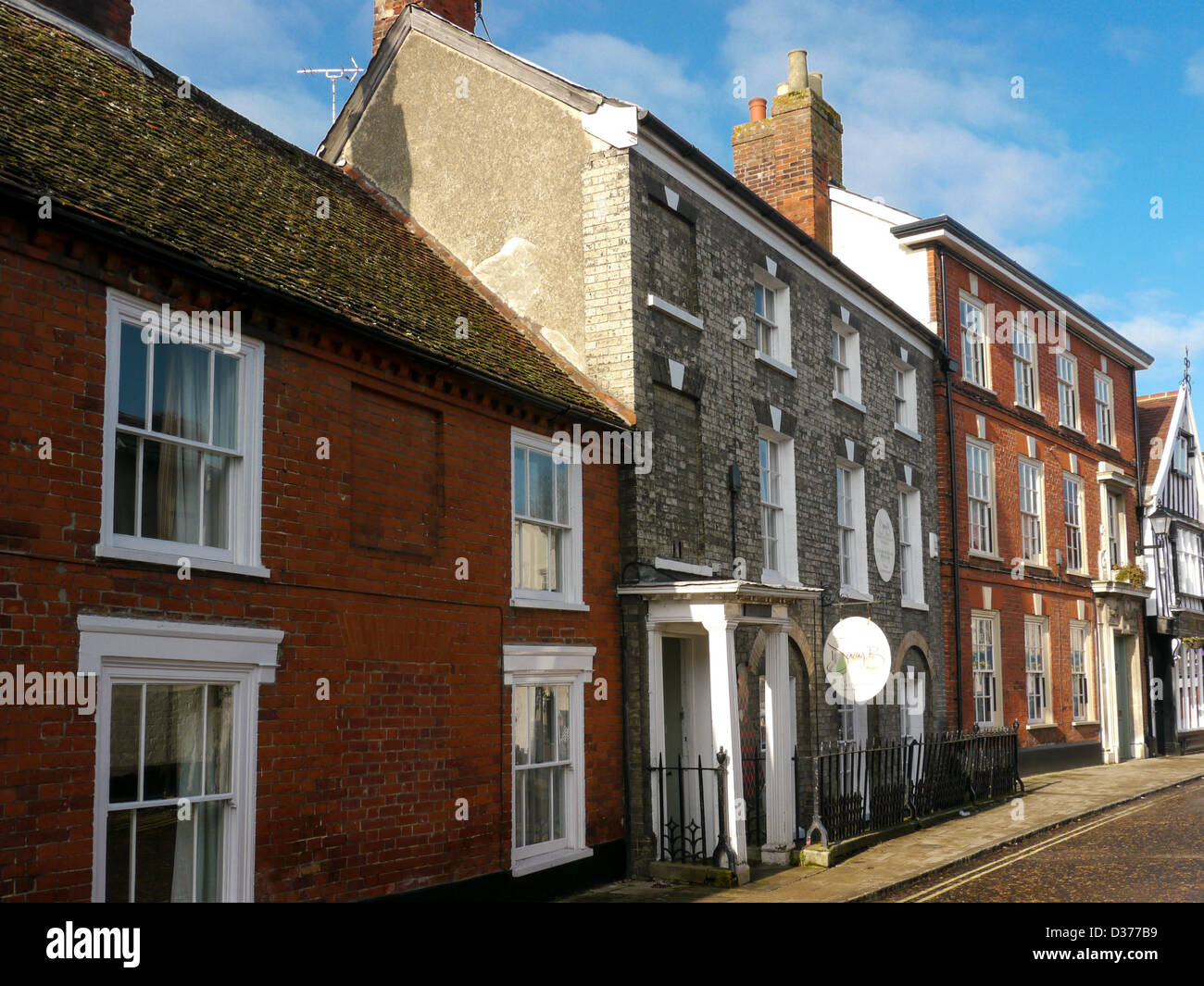 A row of Tudor and Georgian style houses in the market town of Framlingham Suffolk, UK Stock Photo