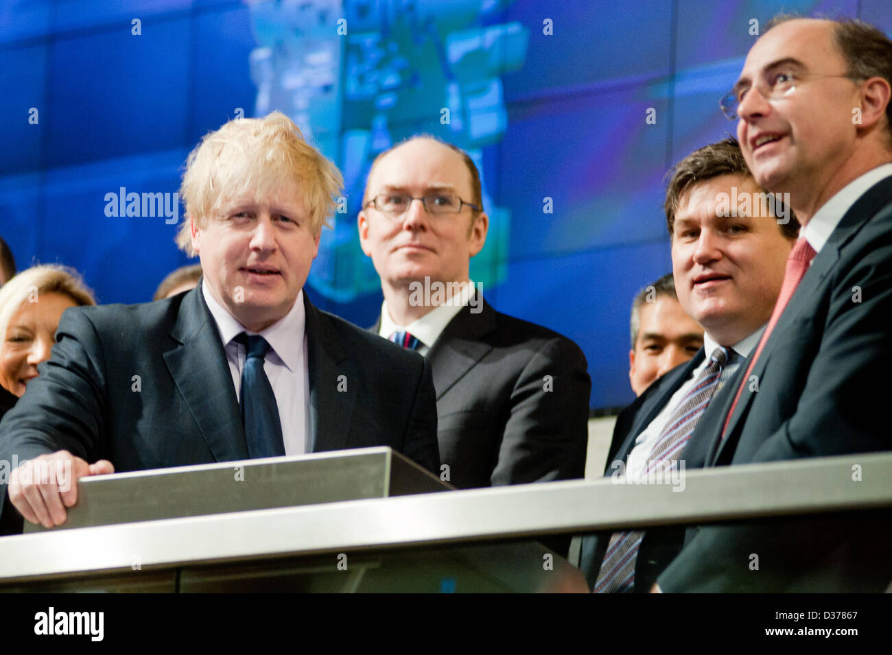 London, UK. 12th February 2013. The Mayor of London, Boris Johnson joins Xavier Rolet, CEO of London Stock Exchange Group to open the trading day, to encourage more science and technology companies to list in the capital. Credit: pcruciatti / Alamy Live News Stock Photo