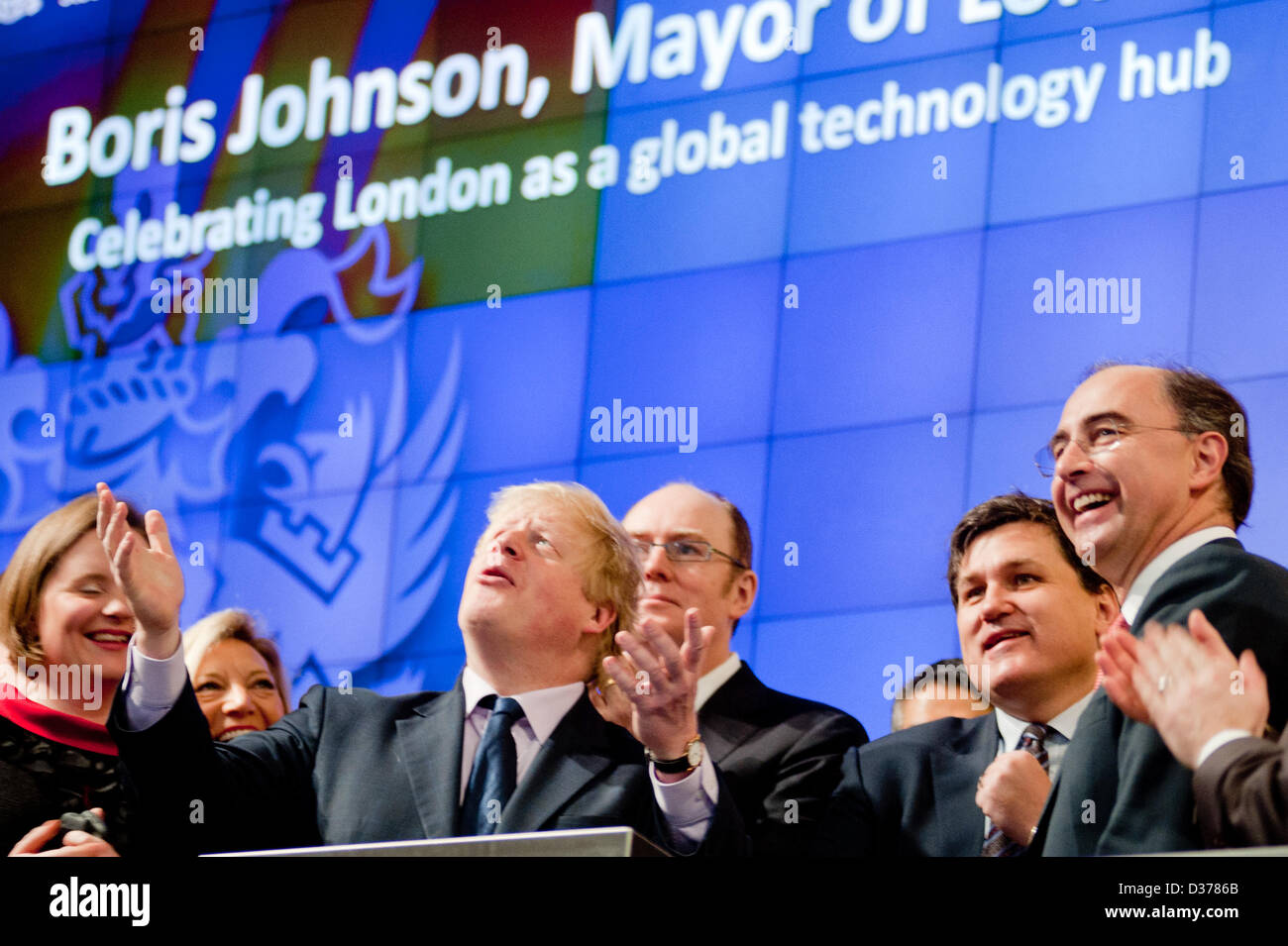London, UK. 12th February 2013.  The Mayor of London, Boris Johnson joins Xavier Rolet, CEO of London Stock Exchange Group to open the trading day, to encourage more science and technology companies to list in the capital. Credit: pcruciatti / Alamy Live News Stock Photo