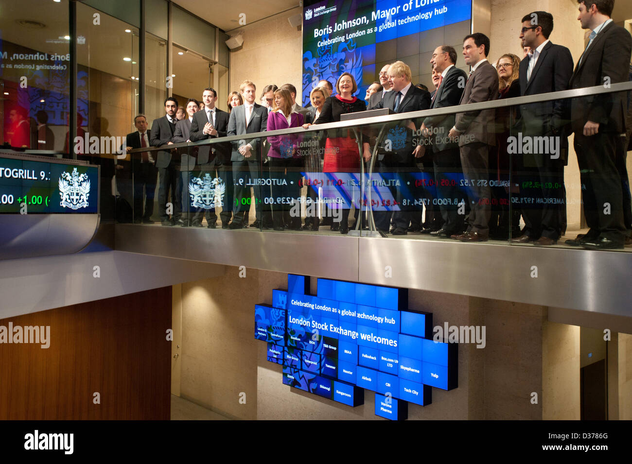 London, UK. 12th February 2013. The Mayor of London, Boris Johnson joins Xavier Rolet, CEO of London Stock Exchange Group to open the trading day, to encourage more science and technology companies to list in the capital. Credit: pcruciatti / Alamy Live News Stock Photo