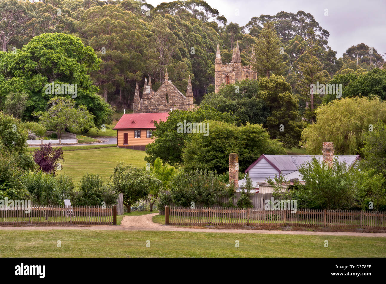 Building ruins at Port Arthur, Tasmania which was once a penal settlement in the colony's convict beginnings. Horizontal Stock Photo