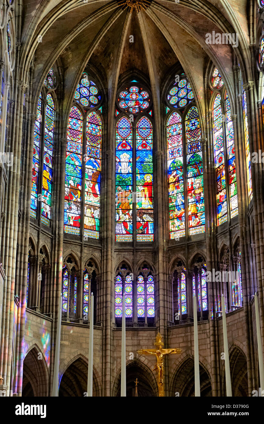 Medieval Gothic stained glass window showing scenes from the Martyrdom