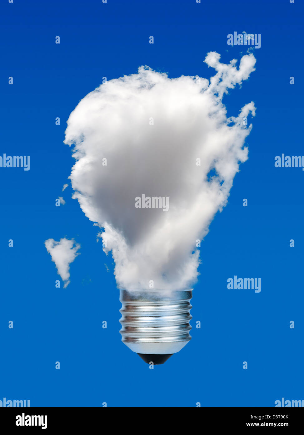 Lamp made of clouds. Ecology conception. Blue sky. Stock Photo