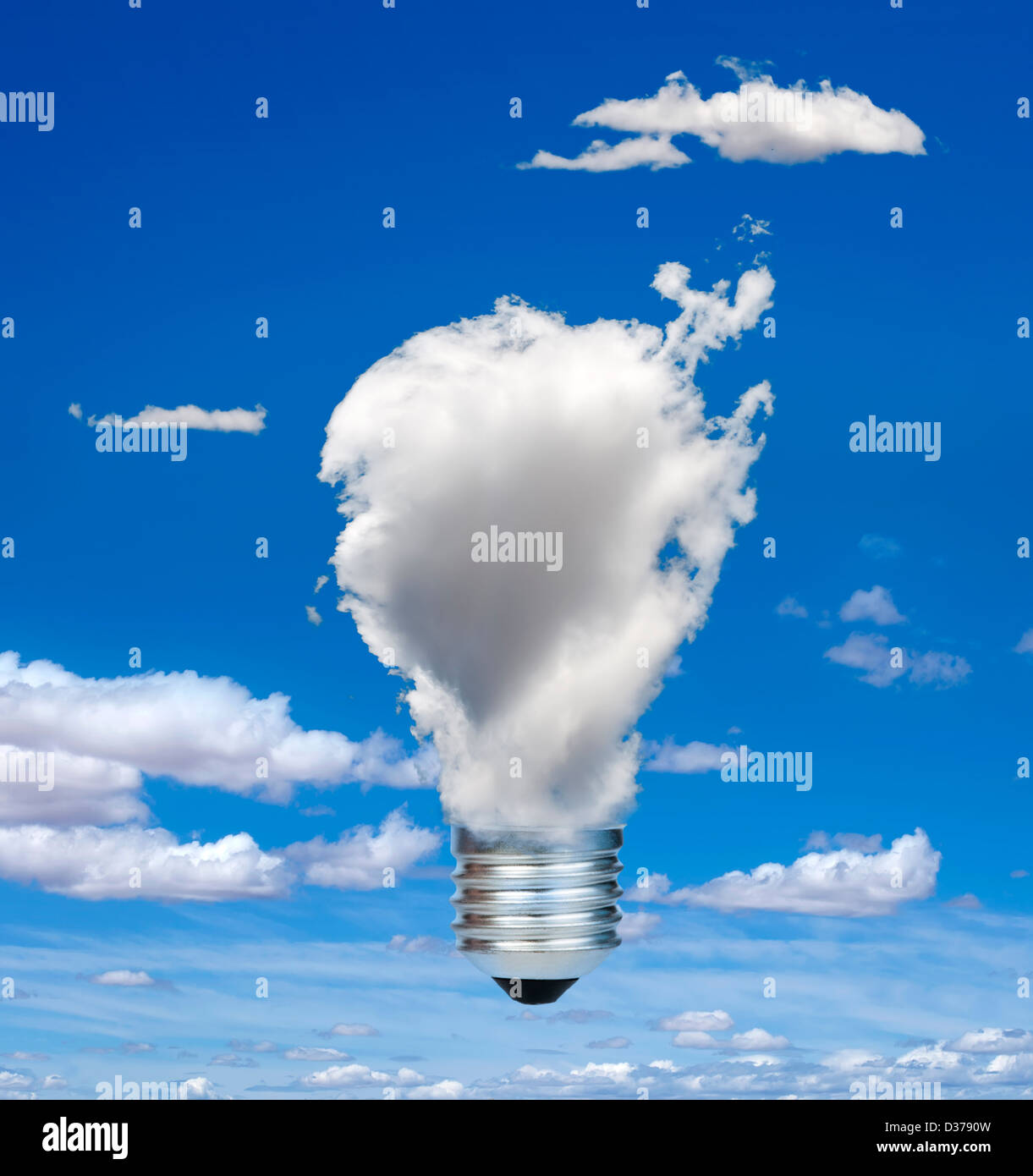Lamp made of clouds. Ecology conception. Blue sky. Stock Photo
