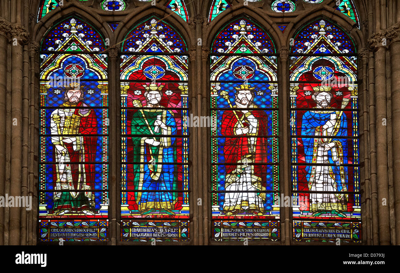 Medieval Gothic stained glass window showing the Kings of France. The  Cathedral Basilica of Saint Denis Paris France Stock Photo - Alamy