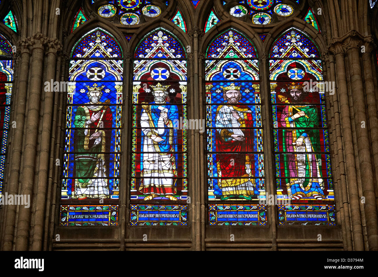 Medieval Gothic stained glass window showing the Kings of France. The  Cathedral Basilica of Saint Denis Paris France Stock Photo - Alamy