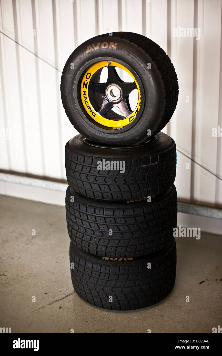 Formula One tyres stacked in Bedford autodrome, UK 12 04 10 Stock Photo