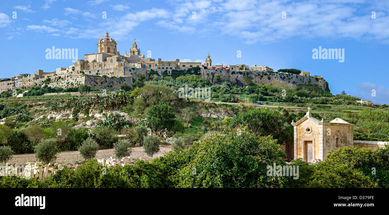 A panoramic view up to the medieval city of Mdina on Malta. Stock Photo