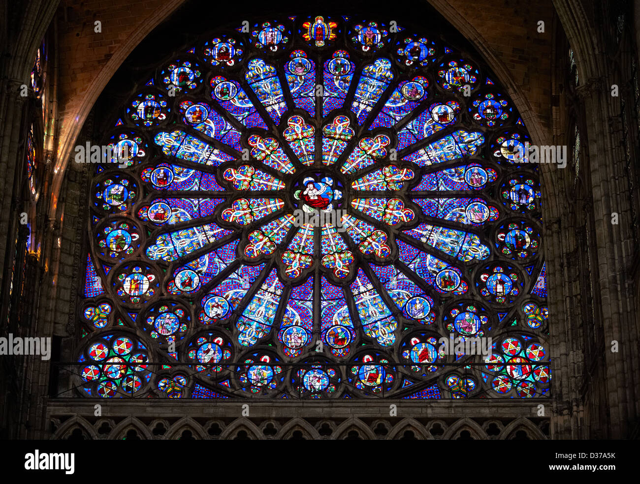 Medieval Rayonnant Gothic stained glass Rose window. Cathedral Basilica