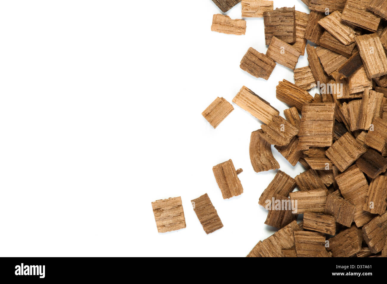 Wooden pieces of oak for wine industry. White isolated Stock Photo