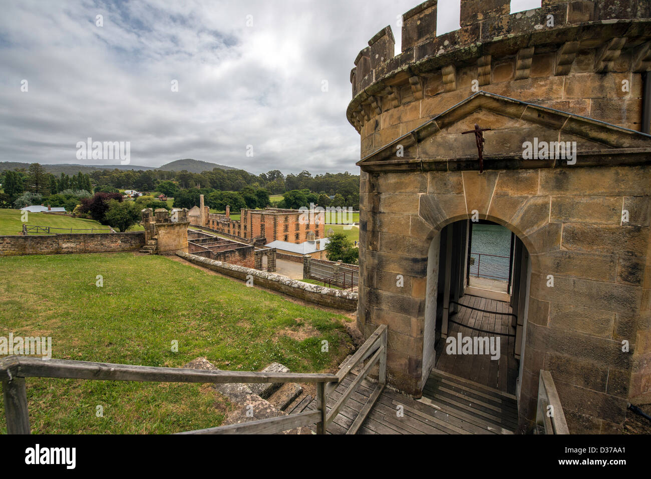 A lookout tower at Australia's historic Port Arthur heritage ruins in Tasmania. Stock Photo
