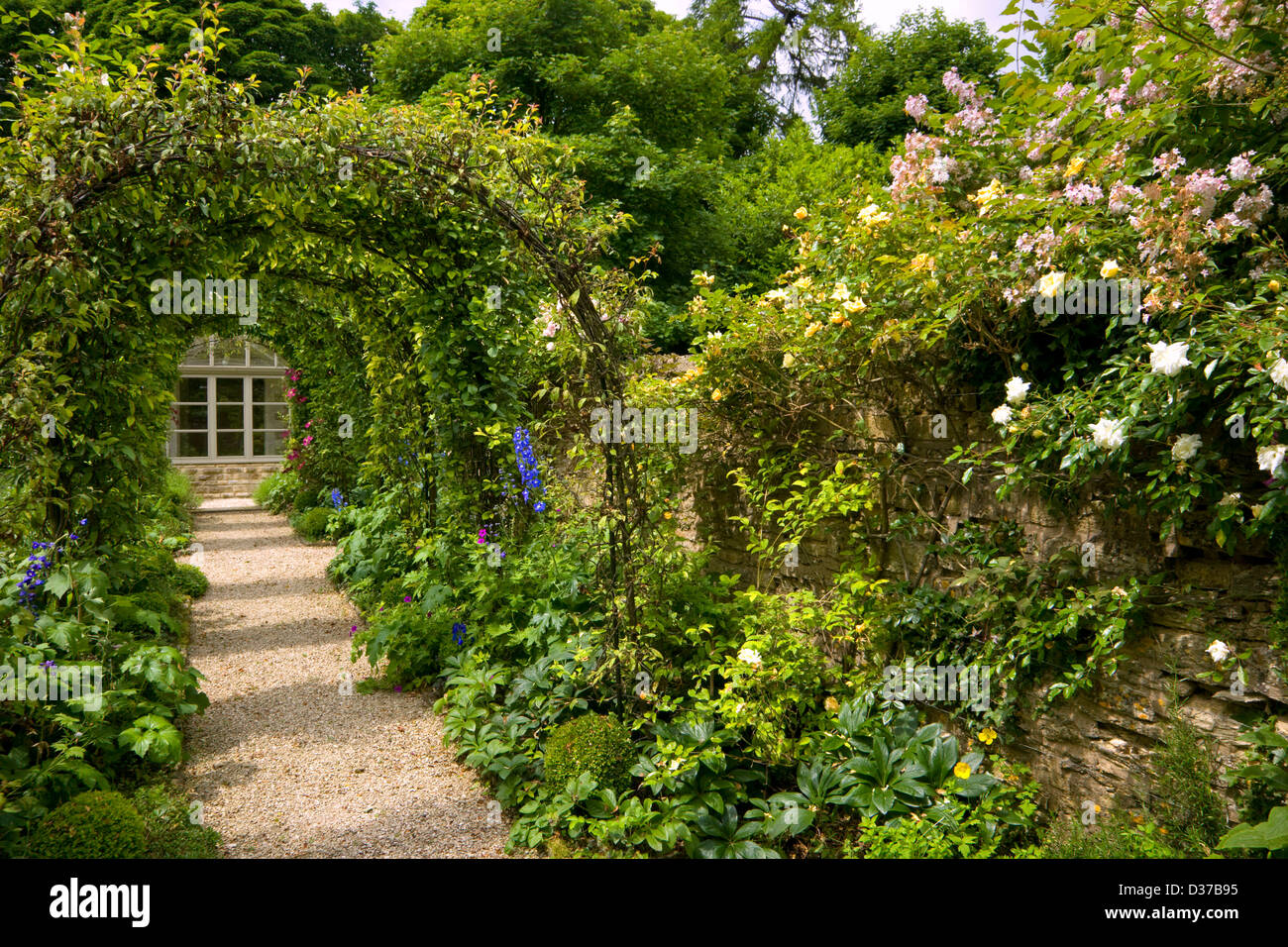 UK gardens. A rose arch walk with clematis and honeysuckle. Stock Photo