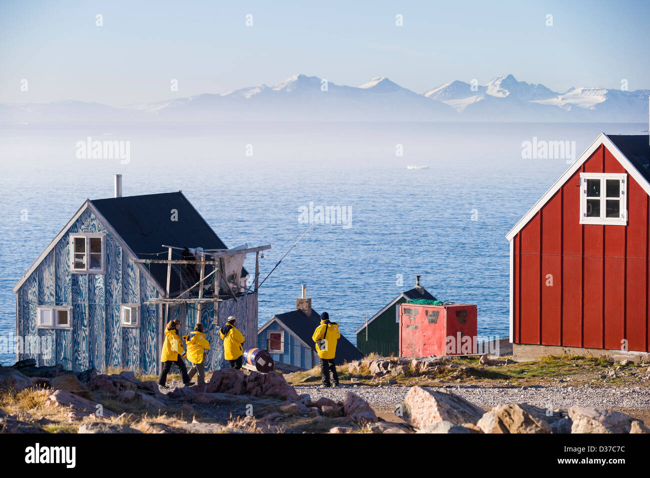 Village of Ittoqqortoormiit, Greenland Homes in the village of Ittoqqortoormiit, Scoresbysund, Greenland Stock Photo