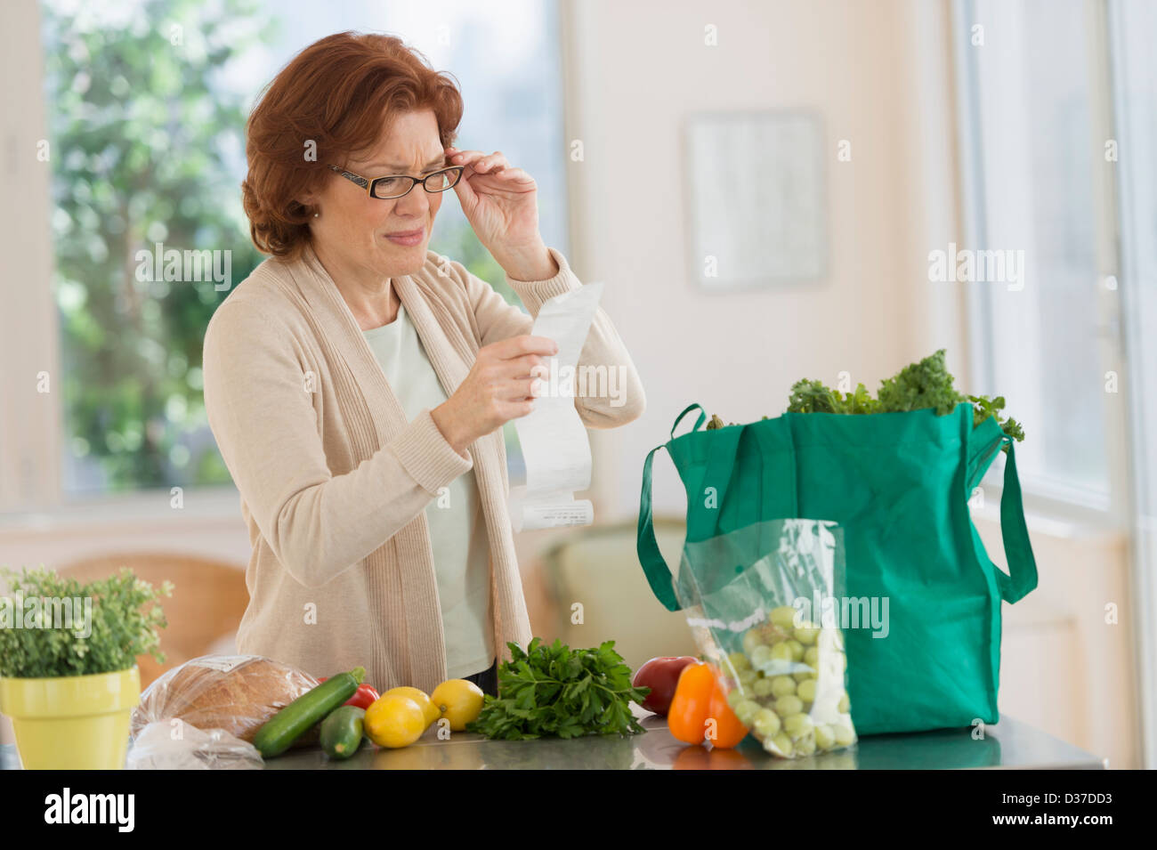 USA, New Jersey, Jersey City, Woman reading shopping list in kitchen Stock Photo