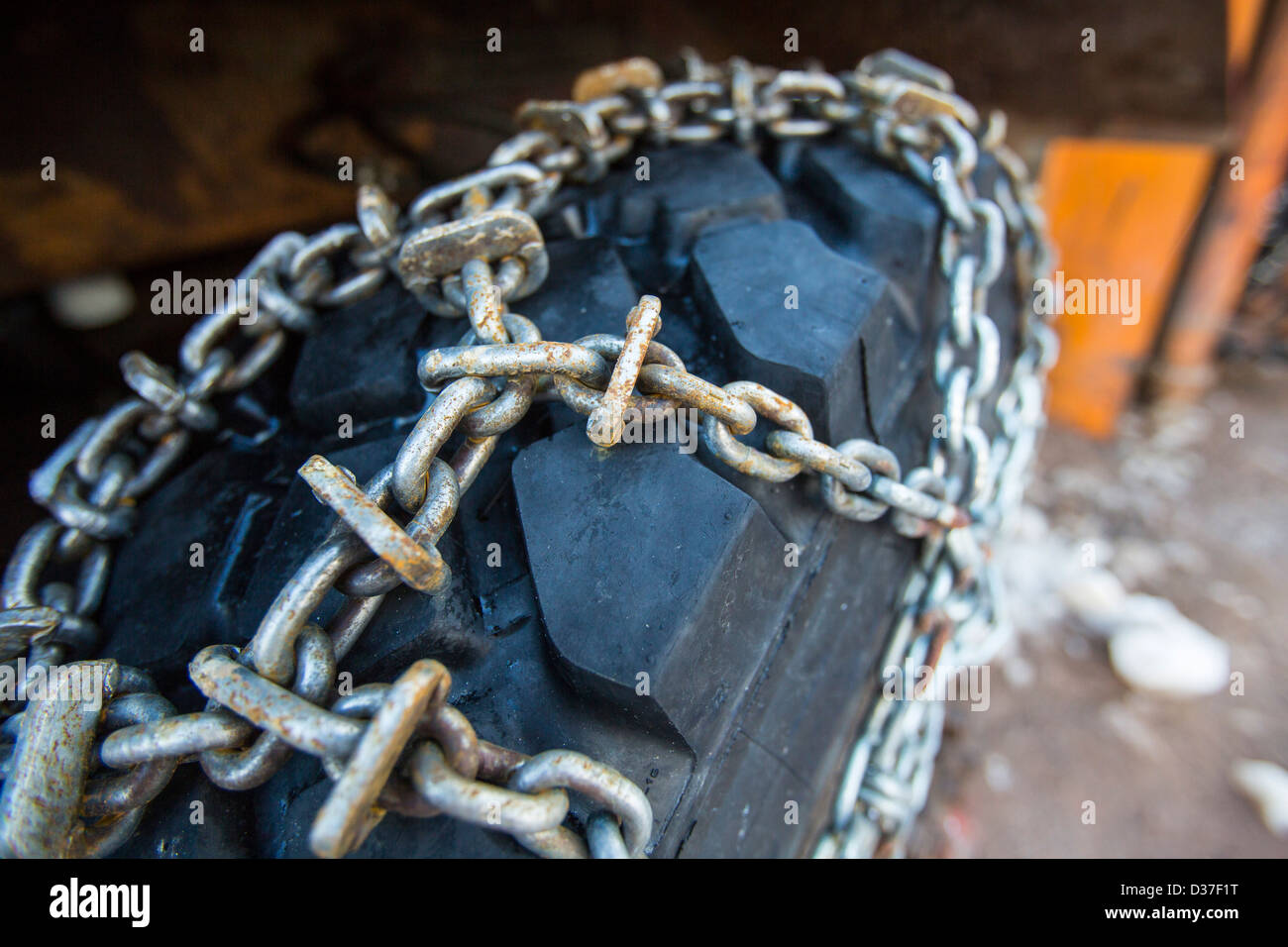 Snow chains on a snow plough at the Cairngorm ski resort, Scotland, UK