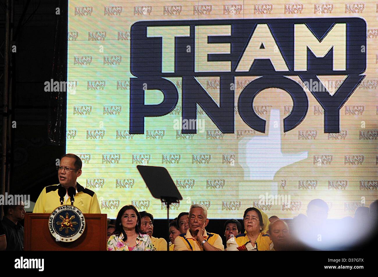 Manila, Philippines. 12th February 2013. Philippine President BENIGNO AQUINO III gives a speech to administration senatorial candidates during a proclamation rally for their slate in the May congressional and local election in Manila, 12 February 2013. Senatorial candidates for the May 13 midterm elections kicked off their campaigns as the official start of the campaign period for national positions started. The campaign season is slated from February 12 to May 11, 2013. � Credit: Ezra Acayan / Alamy Live News Stock Photo