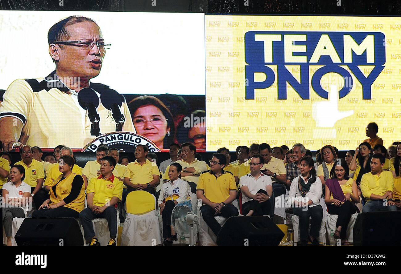 Manila, Philippines. 12th February 2013. Administration senatorial candidates listen as Philippine President BENIGNO AQUINO III gives a speech during a proclamation rally for their slate in the May congressional and local election in Manila, 12 February 2013. Senatorial candidates for the May 13 midterm elections kicked off their campaigns as the official start of the campaign period for national positions started. The campaign season is slated from February 12 to May 11, 2013. � Credit: Ezra Acayan / Alamy Live News Stock Photo