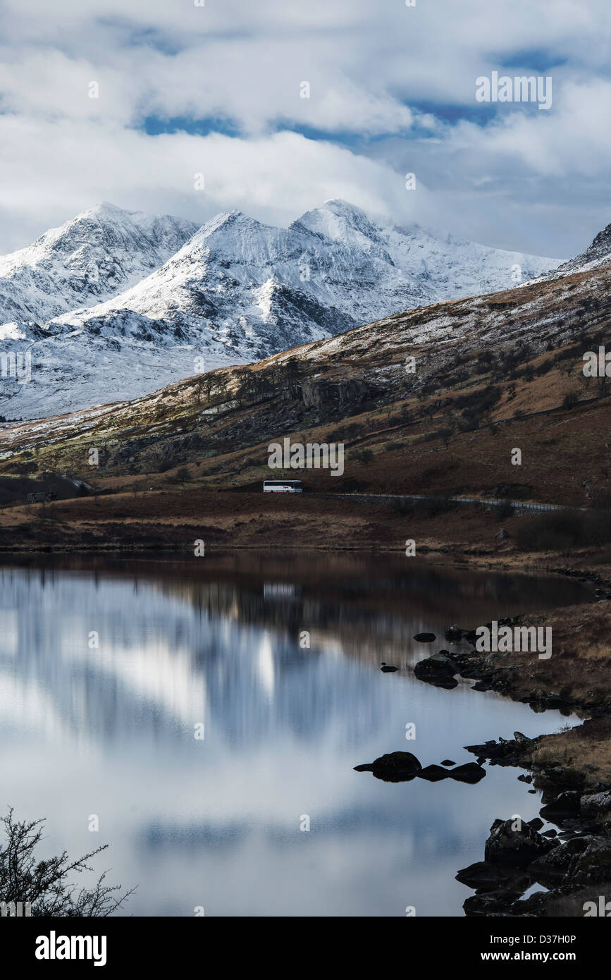 Mount Snowdon, highest mountain in England and Wales, reflected in the