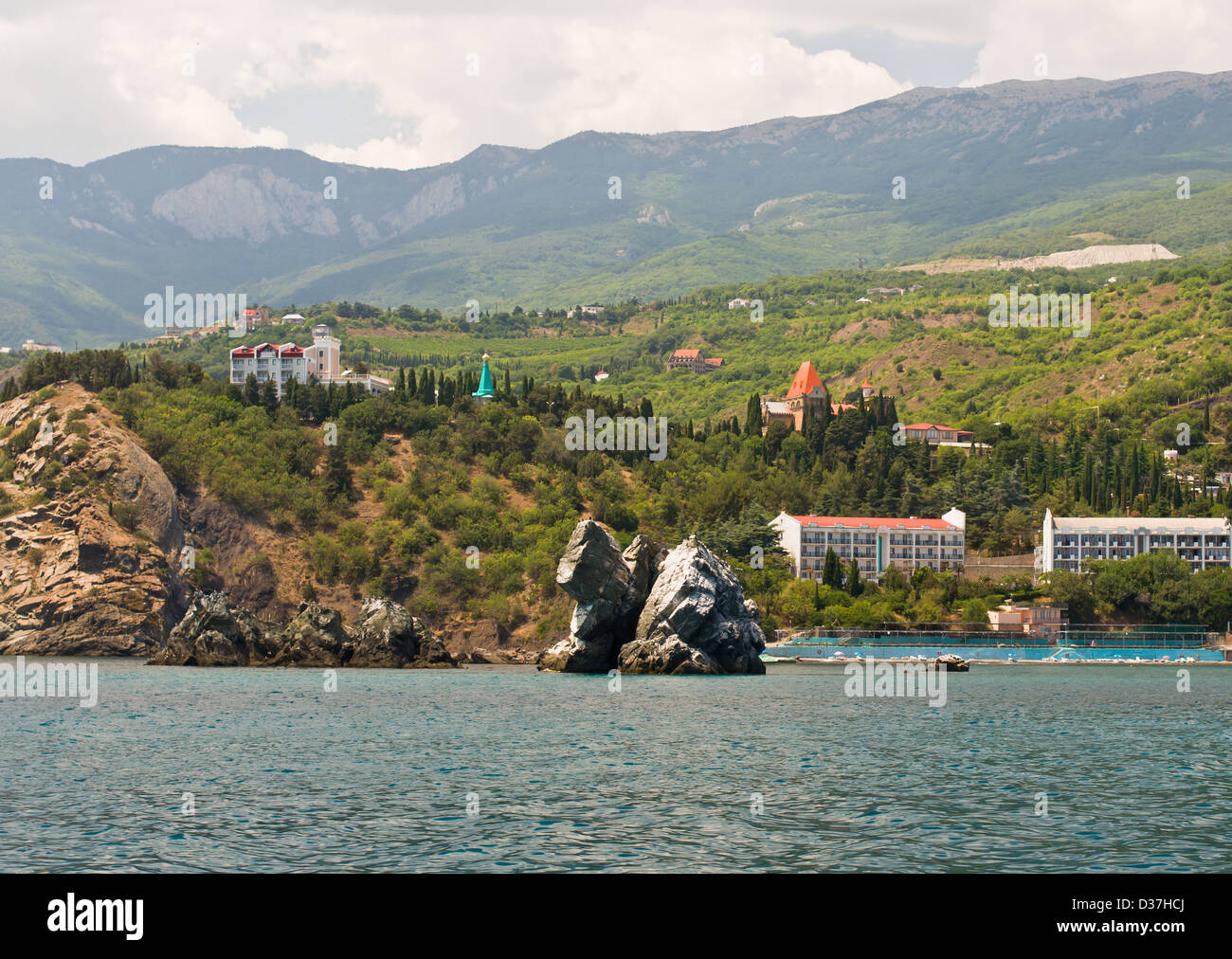 alushta, at the edge of, beach, black sea, cliff, cloudscape, coastline, crimea, day, hill, jalta, mountain, nature, outdoors, Stock Photo