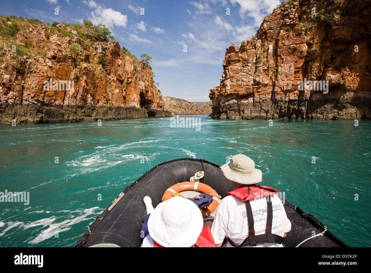 Zodiacs from the Aussie expedition cruiser Orion approach the famous Horizontal Waterfalls of Talbot Bay, Kimberley region, Aust Stock Photo