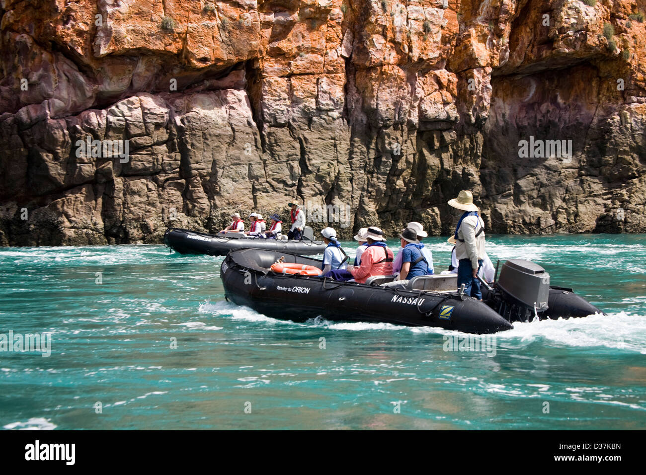 Zodiacs from the Aussie expedition cruiser Orion approach the famous Horizontal Waterfalls of Talbot Bay, Kimberley region, Aust Stock Photo