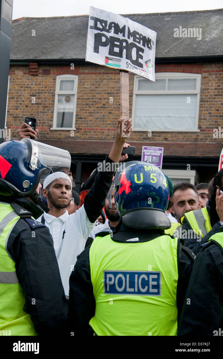 Young Muslim man at anti-racism march led by Unite Against Fascism  combating the EDL (English defence league) Stock Photo