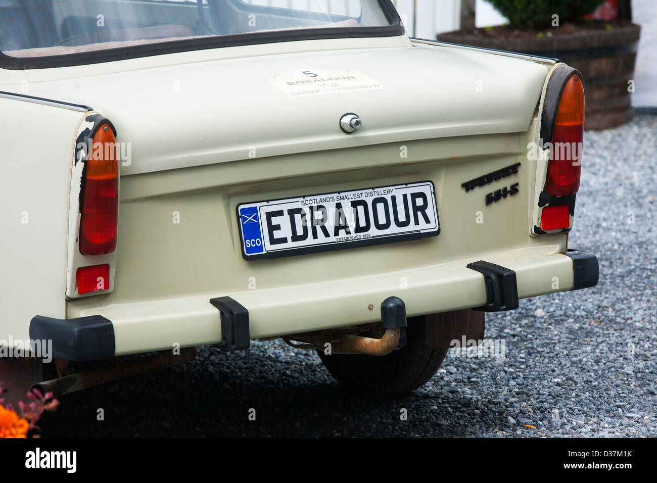 A Trabant motor car old eastern European motor with the number plate Edradour at the smallest distiller in Scotland Edradour Stock Photo