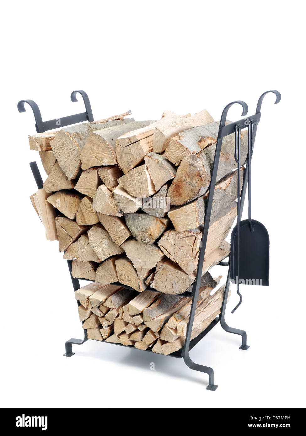 Black firewood metal stand loaded with chopped beechwood logs shot on white background Stock Photo