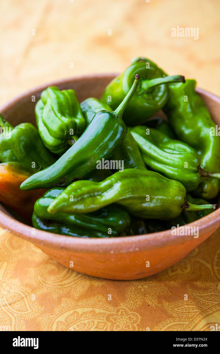 Close up of bowl of green chiles Stock Photo