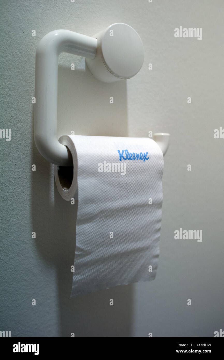 A roll of 'Kleenex' toilette paper hangs in a restroom in Berlin, Germany, 11 February 2013. Photo: Arno Burgi Stock Photo
