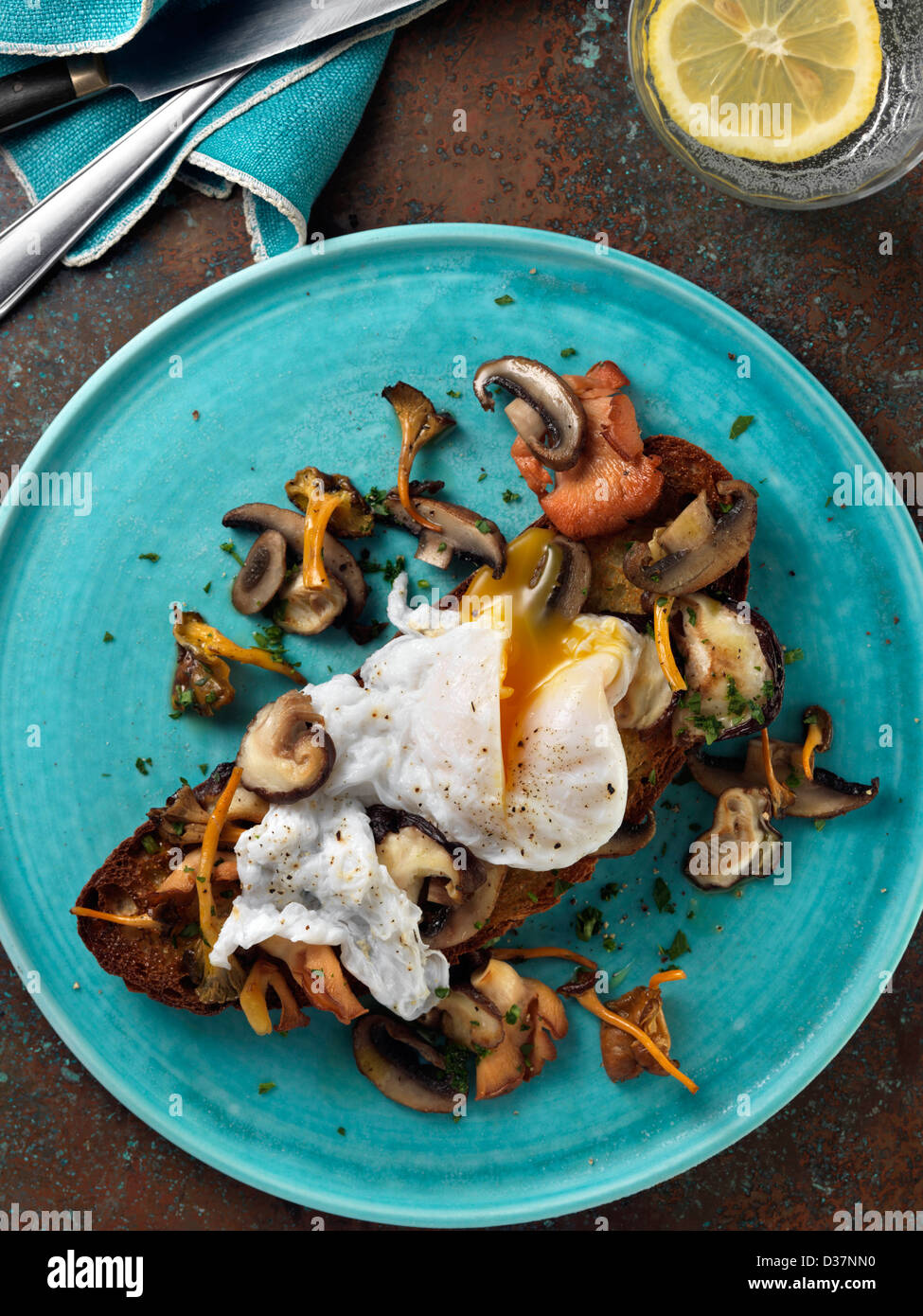 Poached duck egg on a bed of wild mushrooms on a slice of toasted San Francisco sourdough bread Stock Photo