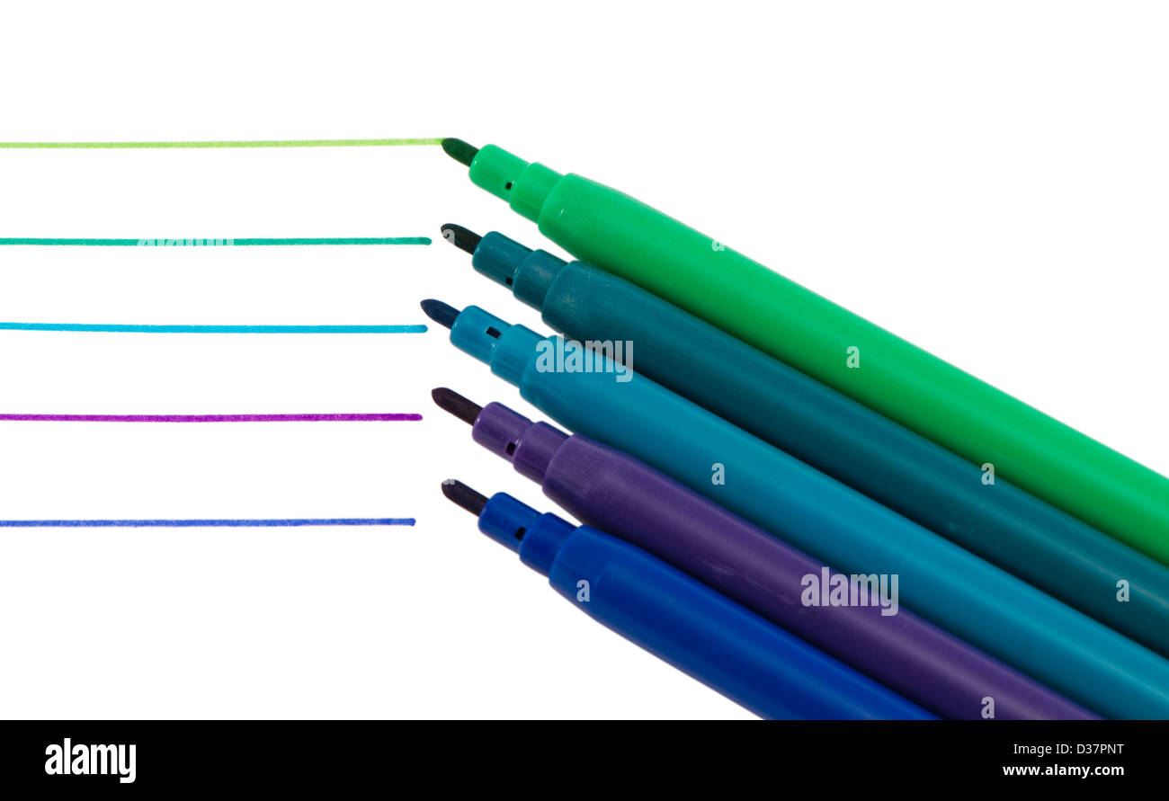 various dark color felt-tip pens and painted lines isolated on white background Stock Photo
