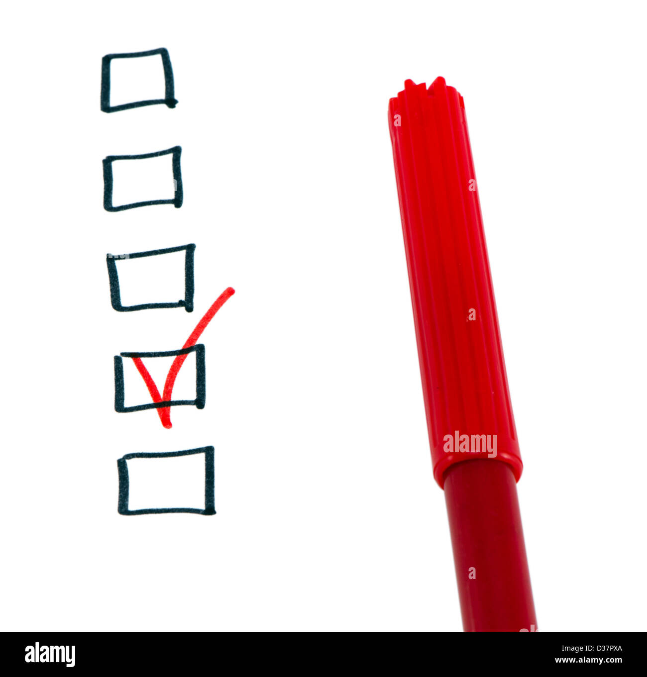 red felt tip felt-tip pen and one black checkbox checked with tick Stock Photo