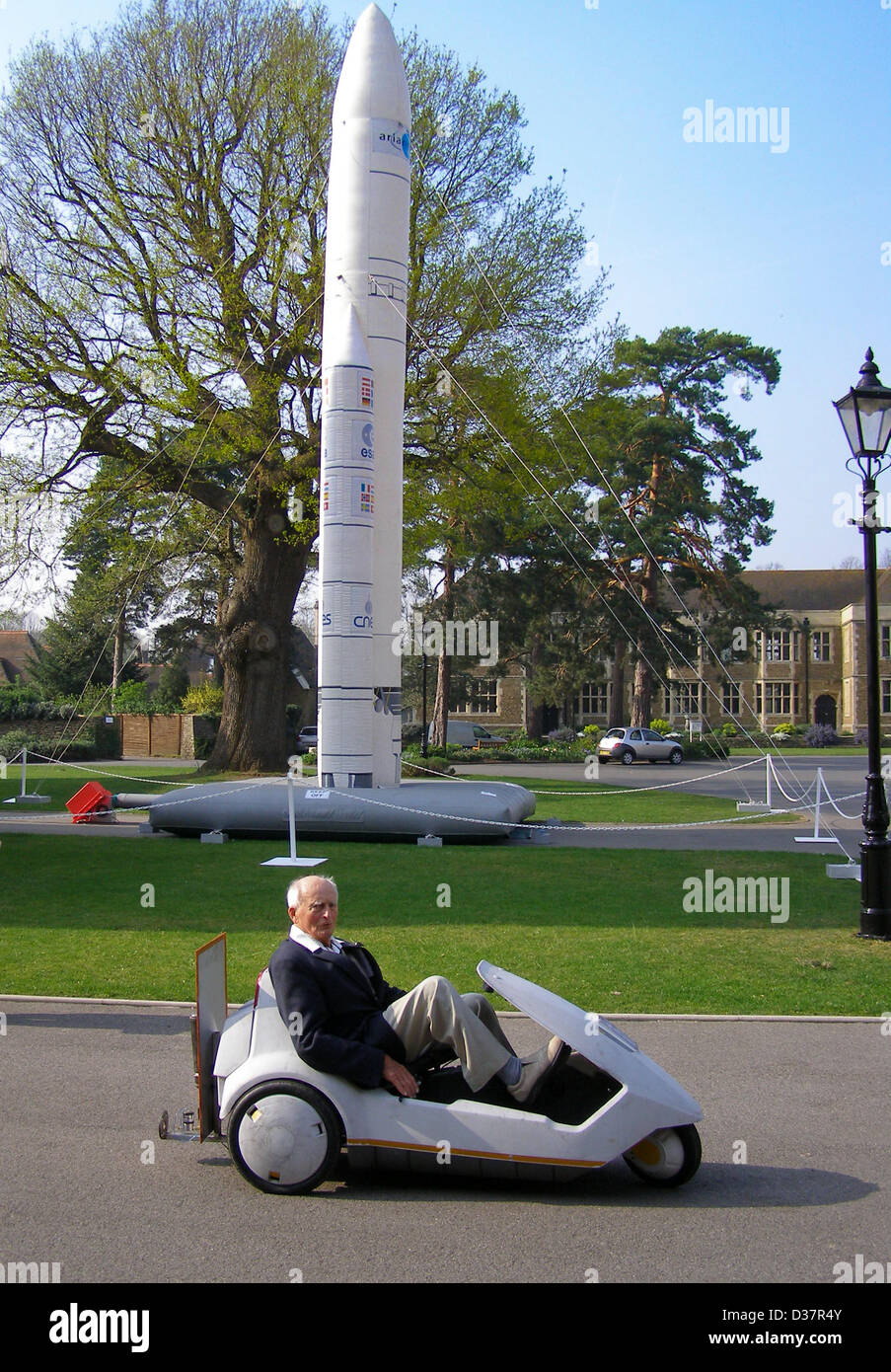 File Picture; Reg Turnill (1915-2013), aerospace correspondent for over 65 years,  pilots  a rocket-powered Sinclair C5 electric tricycle, at the British Rocketry Oral History Project conference in 2007, Charterhouse School, Surrey, England. UK. Mr Turnill passed away peacefully in the early hours of this morning, 12th Feb 2013, at the Pilgrim's Hospice in Ashford, where he had been for the past month. Stock Photo