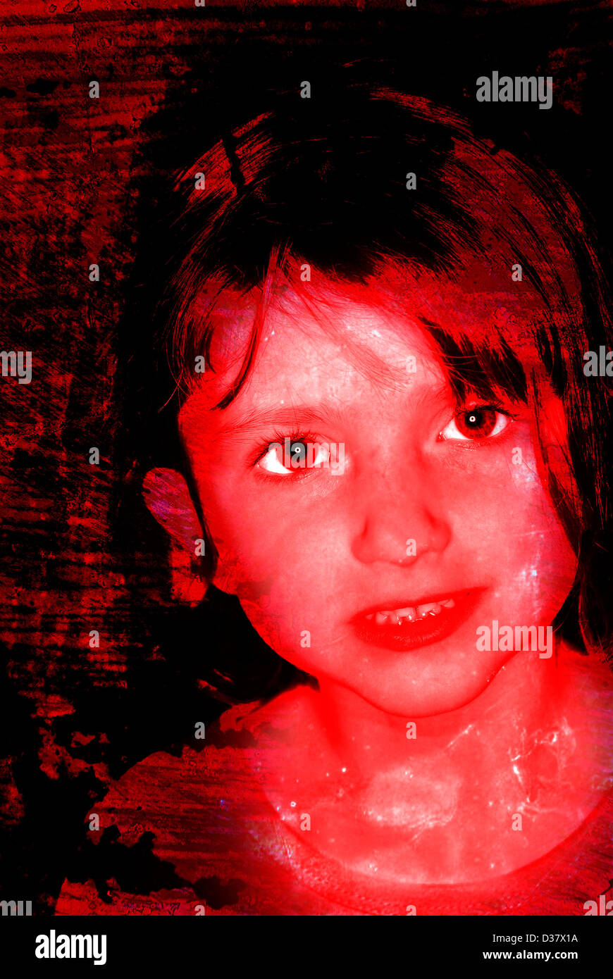 Little girl portrait in red and texture to emphasize art Stock Photo
