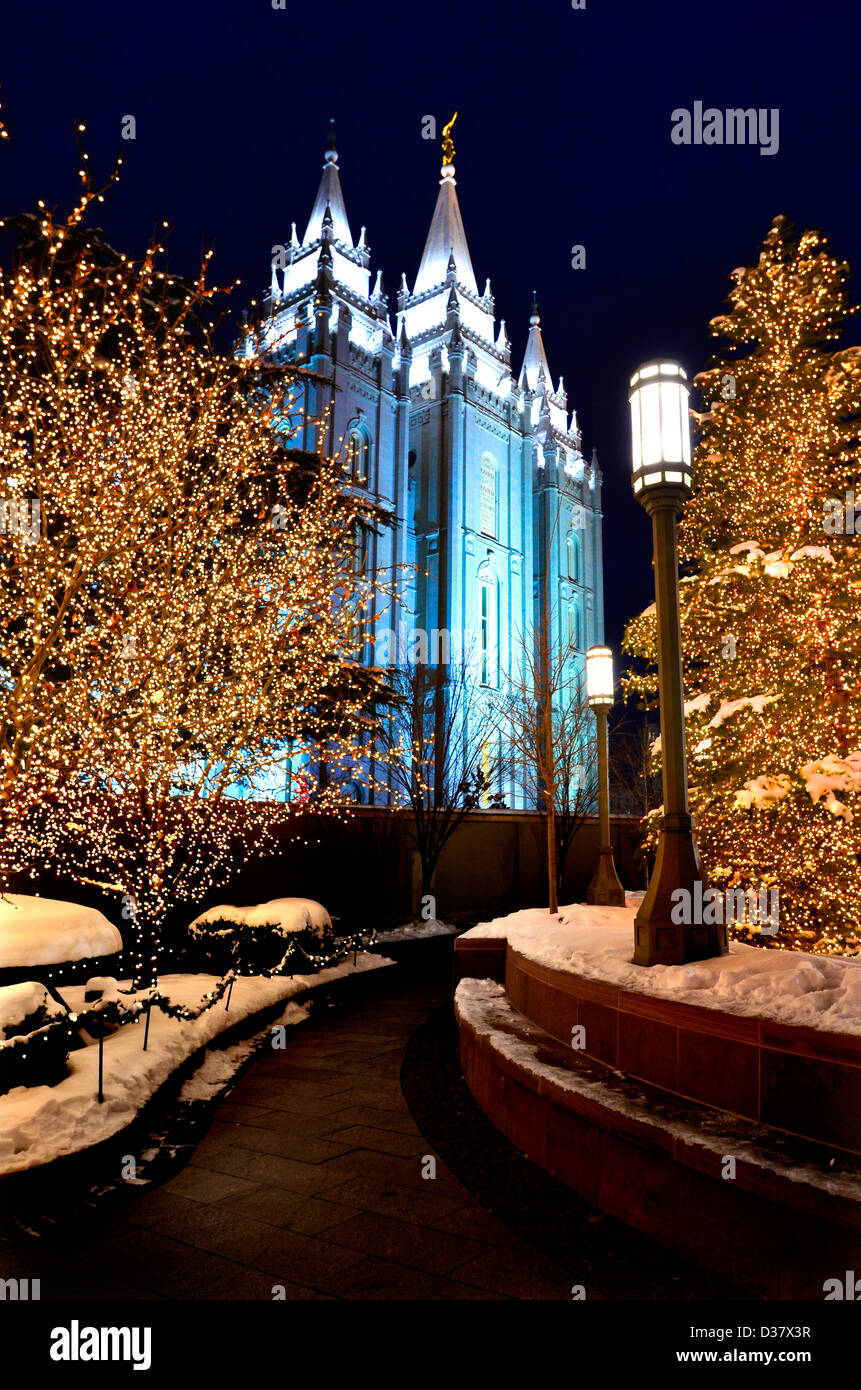 Salt Lake City Temple Square Christmas Lights on Trees and Steeples Stock Photo