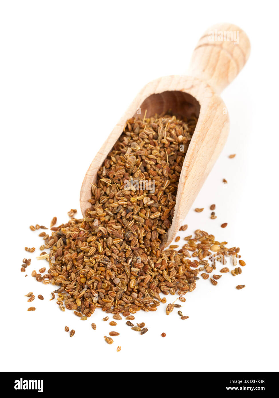 Anise seed in wooden scoop over white background Stock Photo