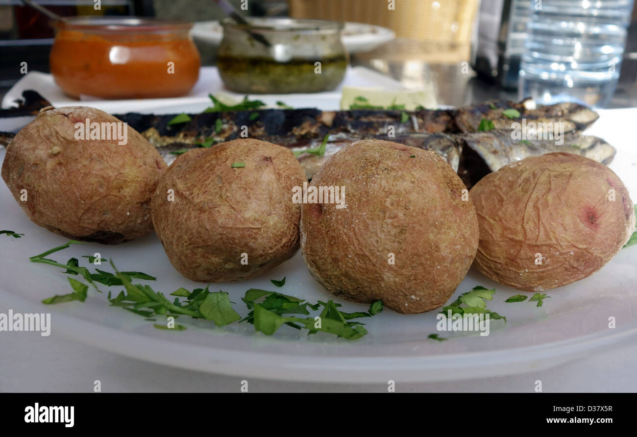 Papas arrugadas: typical potatoes boiled with salt in Tenerife, Canary Islands, Spain Stock Photo