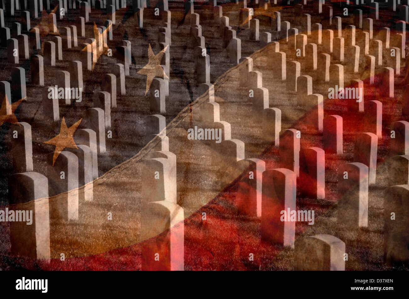 Arlington Cemetery and Grave Stones of Fallen Soldiers with Faded Flag Stock Photo