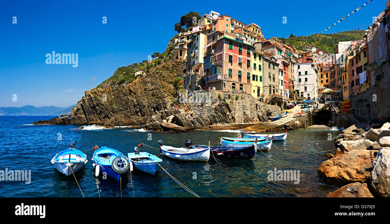 Photo of the colorful houses of the fishing port of Riomaggiore, Cinque Terre National Park, Liguria, Italy Stock Photo