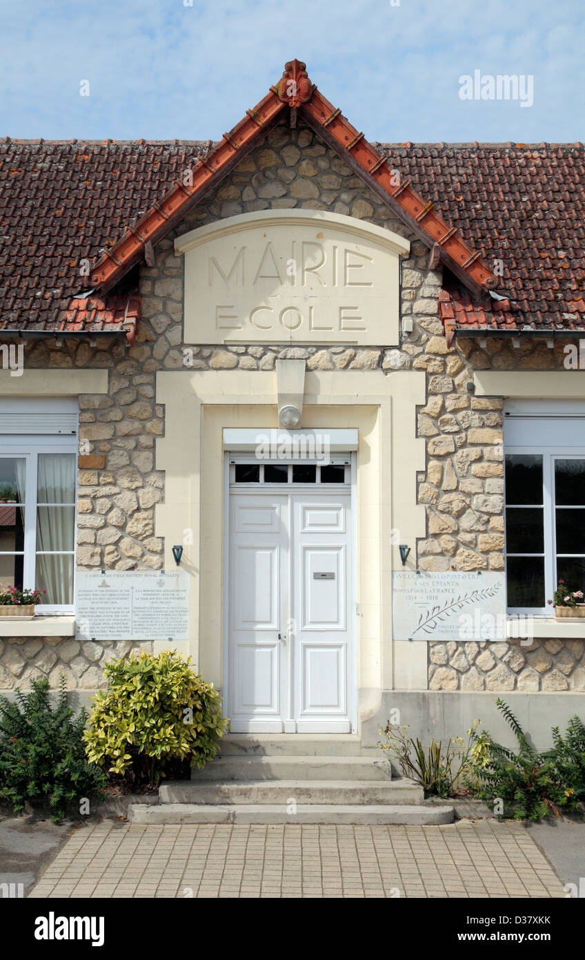 The Mairie (town hall) and Ecole (school) entrance with Memorial plaques in La-Ville-aux-Bois, Picardy, France. Stock Photo