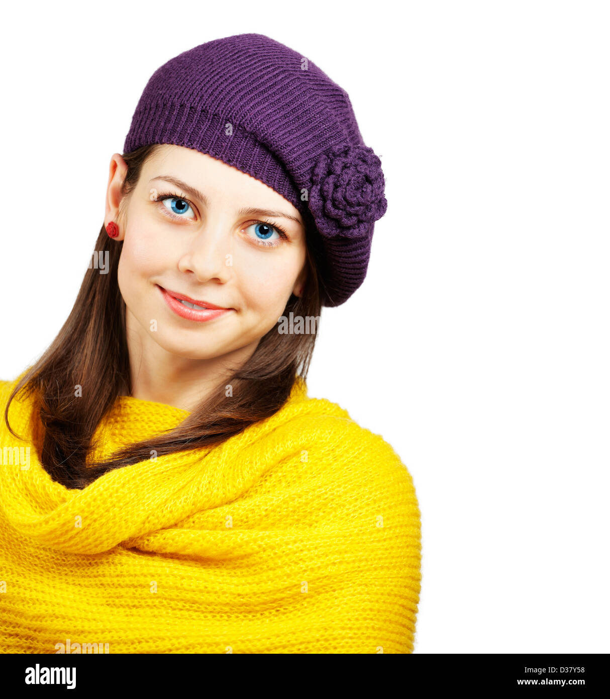 Portrait of a beautiful young woman with yellow scarf over white ...