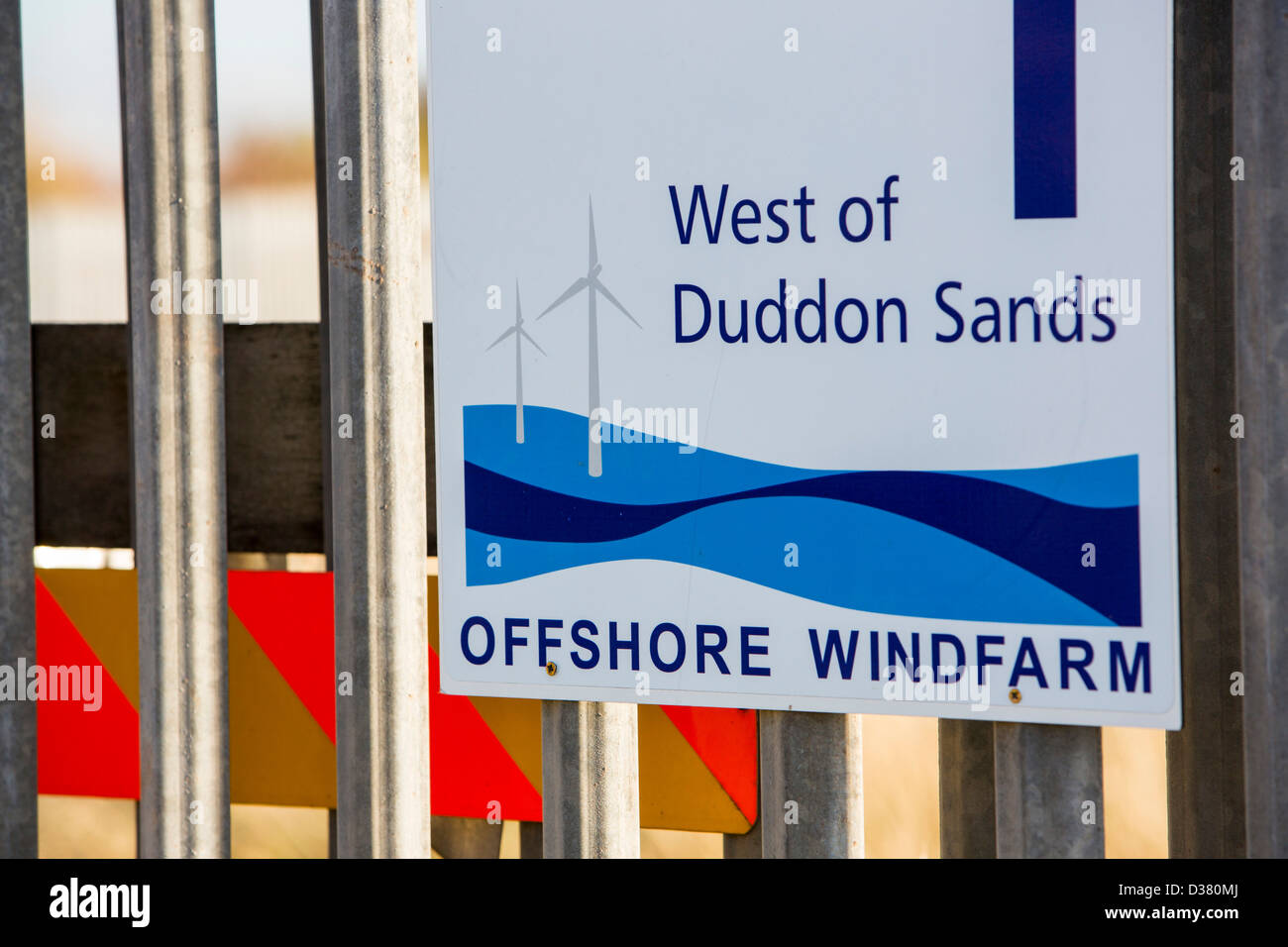 A sign for the West of Duddon Sands offshore wind farm in Barrow in Furness, Cumbria, UK. Stock Photo