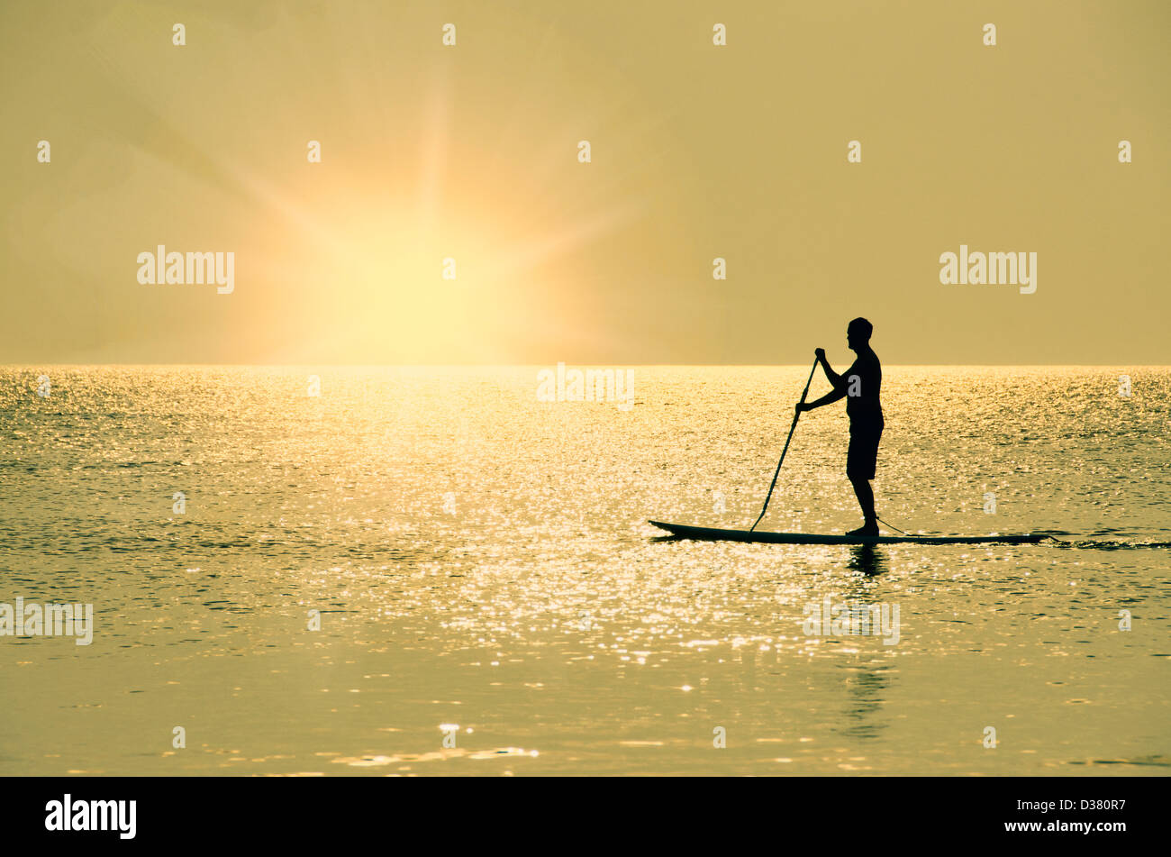 USA, North Carolina, Nags Head, Man standing on paddle board at sunset Stock Photo