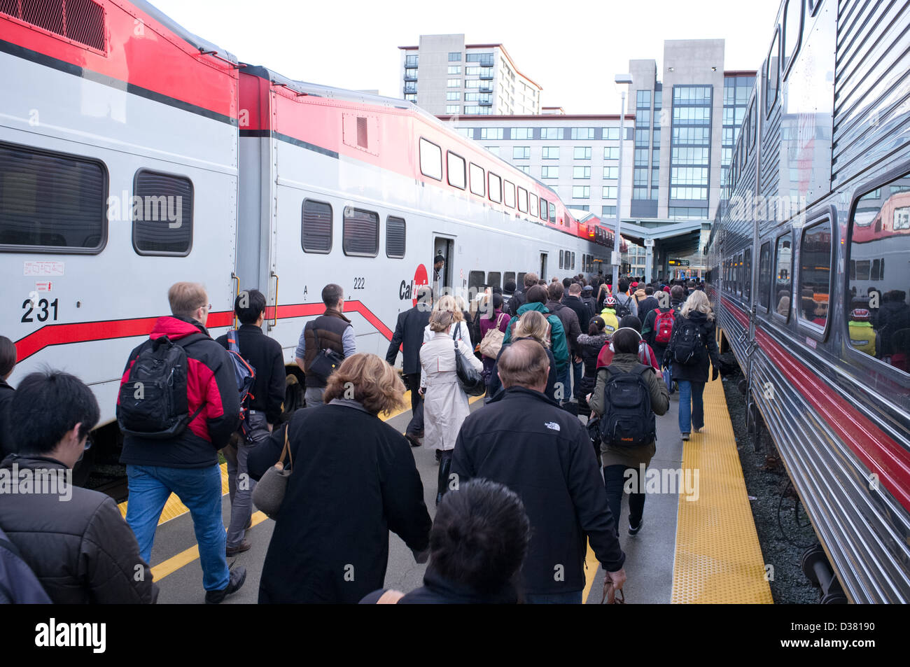 Scene of the CalTrain Peninsula commuter train operation. Stock Photo