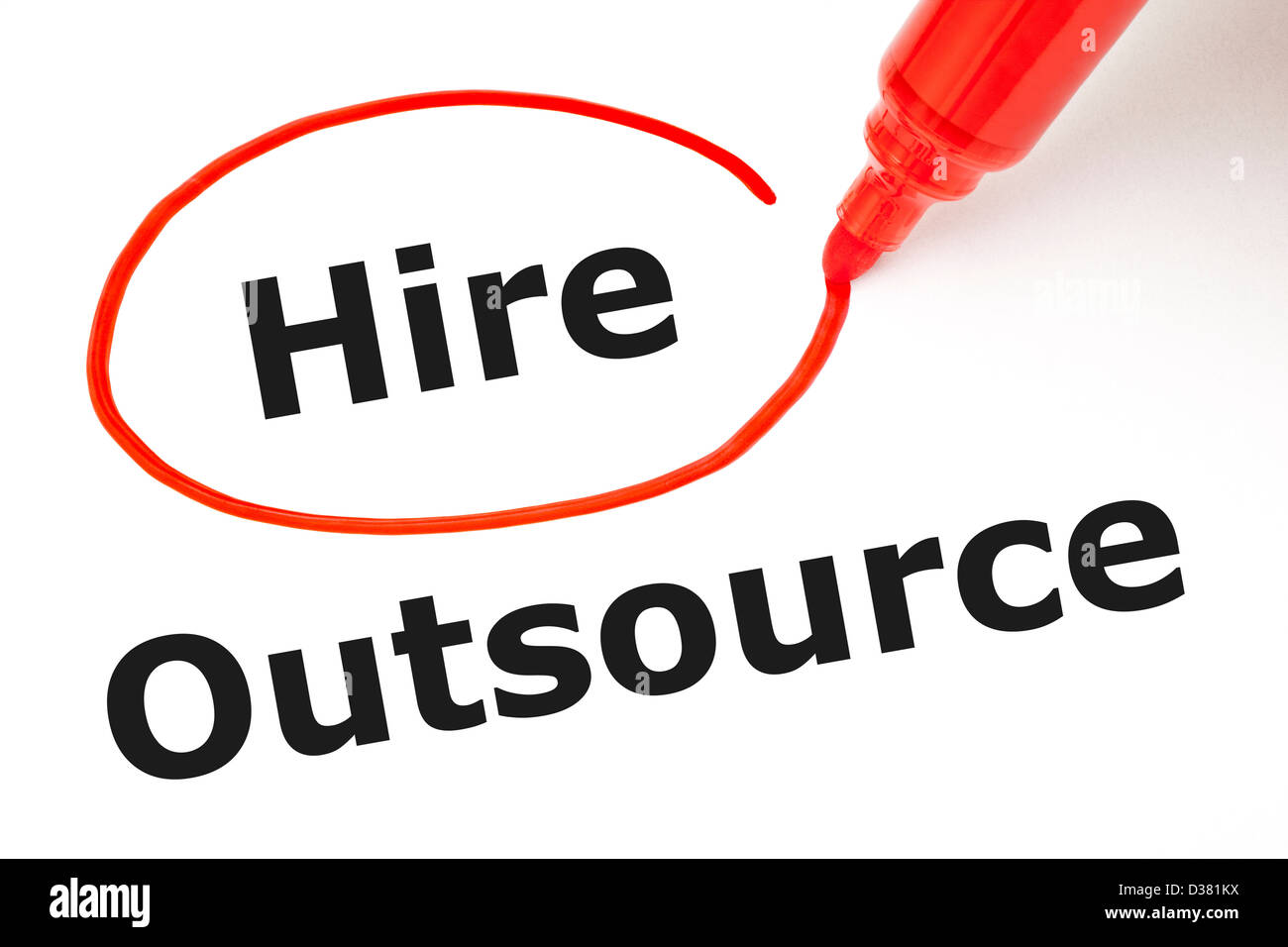 Choosing to Hire instead of Outsource. Hire selected with red marker. Stock Photo