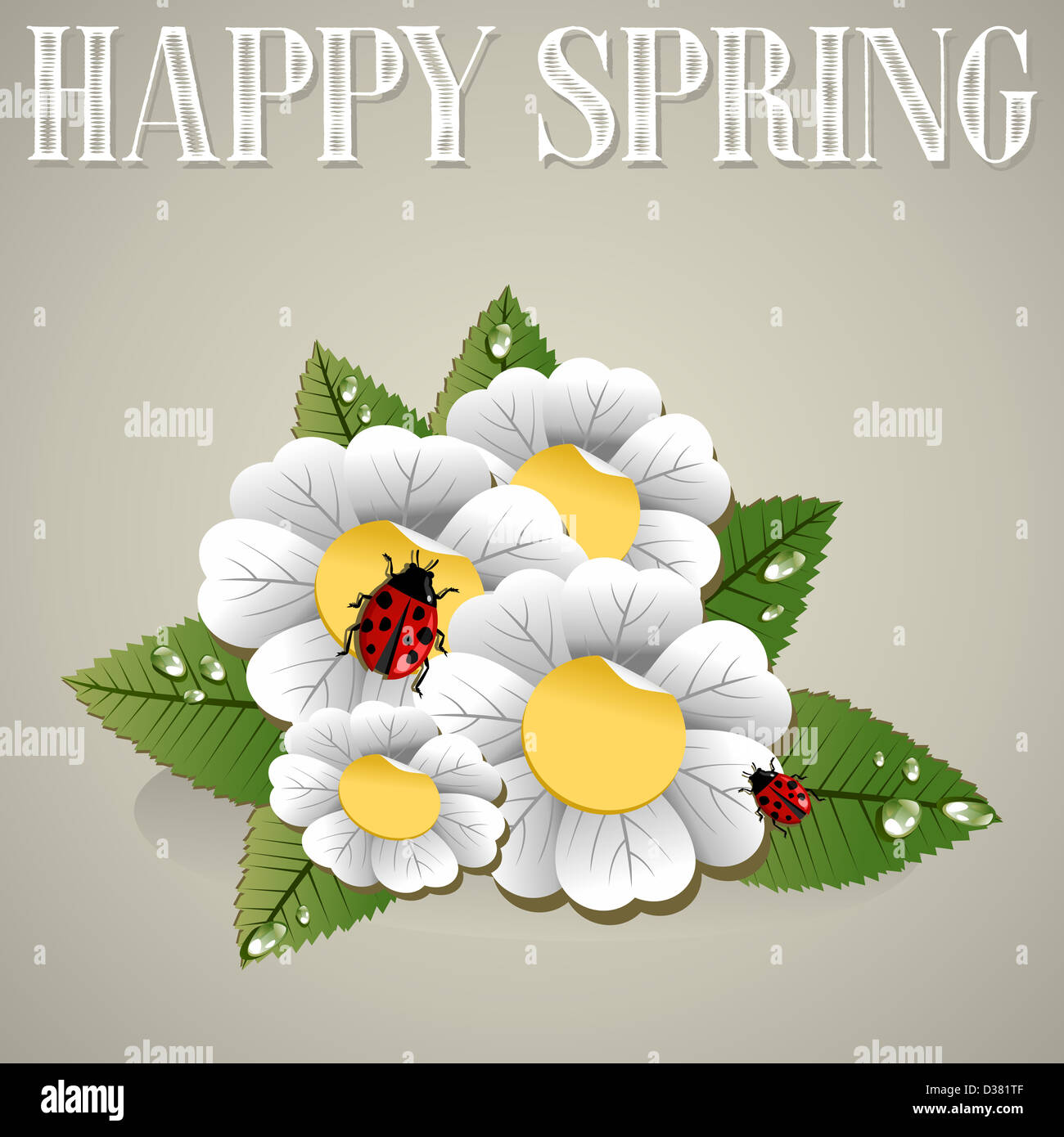Happy spring composition with flowers, leaves and beetle. Vector file layered for easy manipulation and custom coloring. Stock Photo