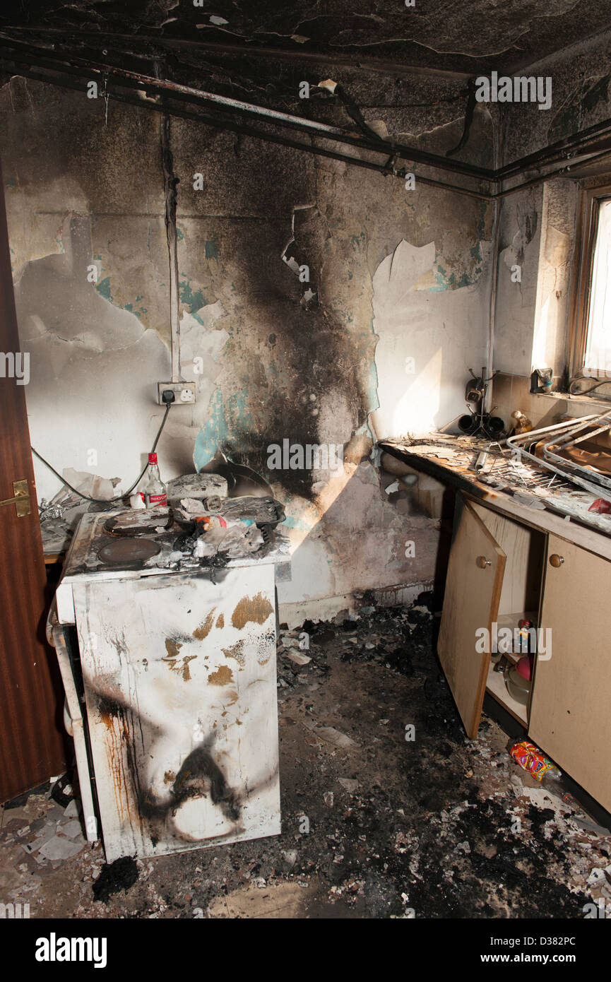 Severe house kitchen fire destroyed burnt out Stock Photo