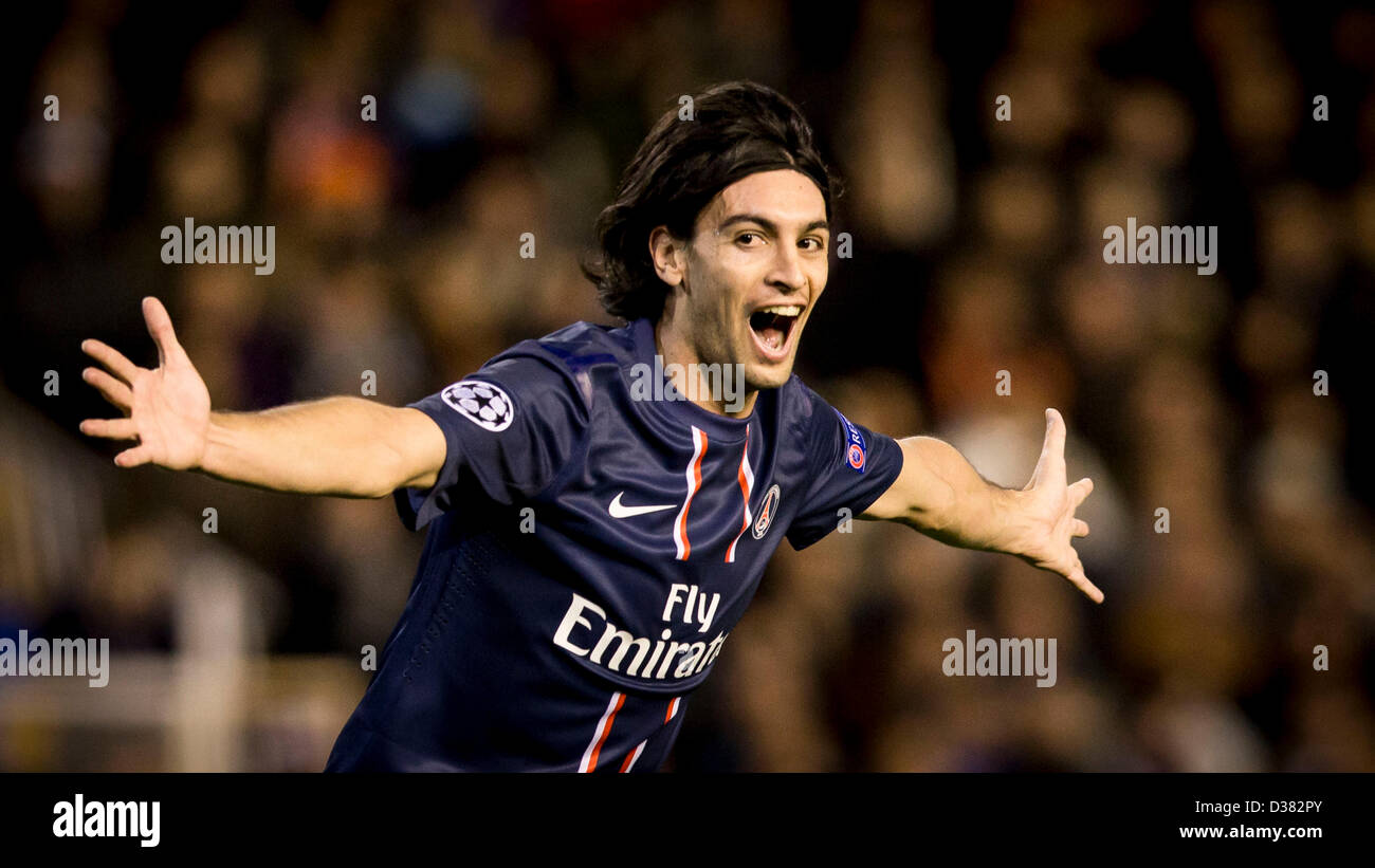 Valencia, Spain. 12th February 2013. Midfielder Javier Pastore celebrates  after scoring the second goal for PSG during the Champions League game  between Valencia and Paris Saint Germain from the Mestalla Stadium.Credit:  Action